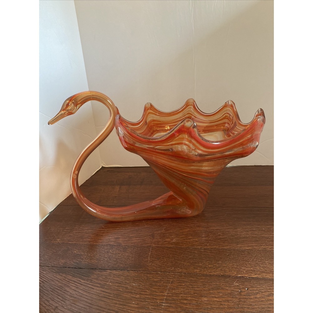 VTG MCM Hand Blown Art Glass‎ Swan Bowl Swirled Orange 9"x 10"x 14"